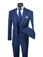 M & R Clothing blue 3-piece regular fit suit with bold white pinstripes, matching vest, and polka dot tie on mannequin