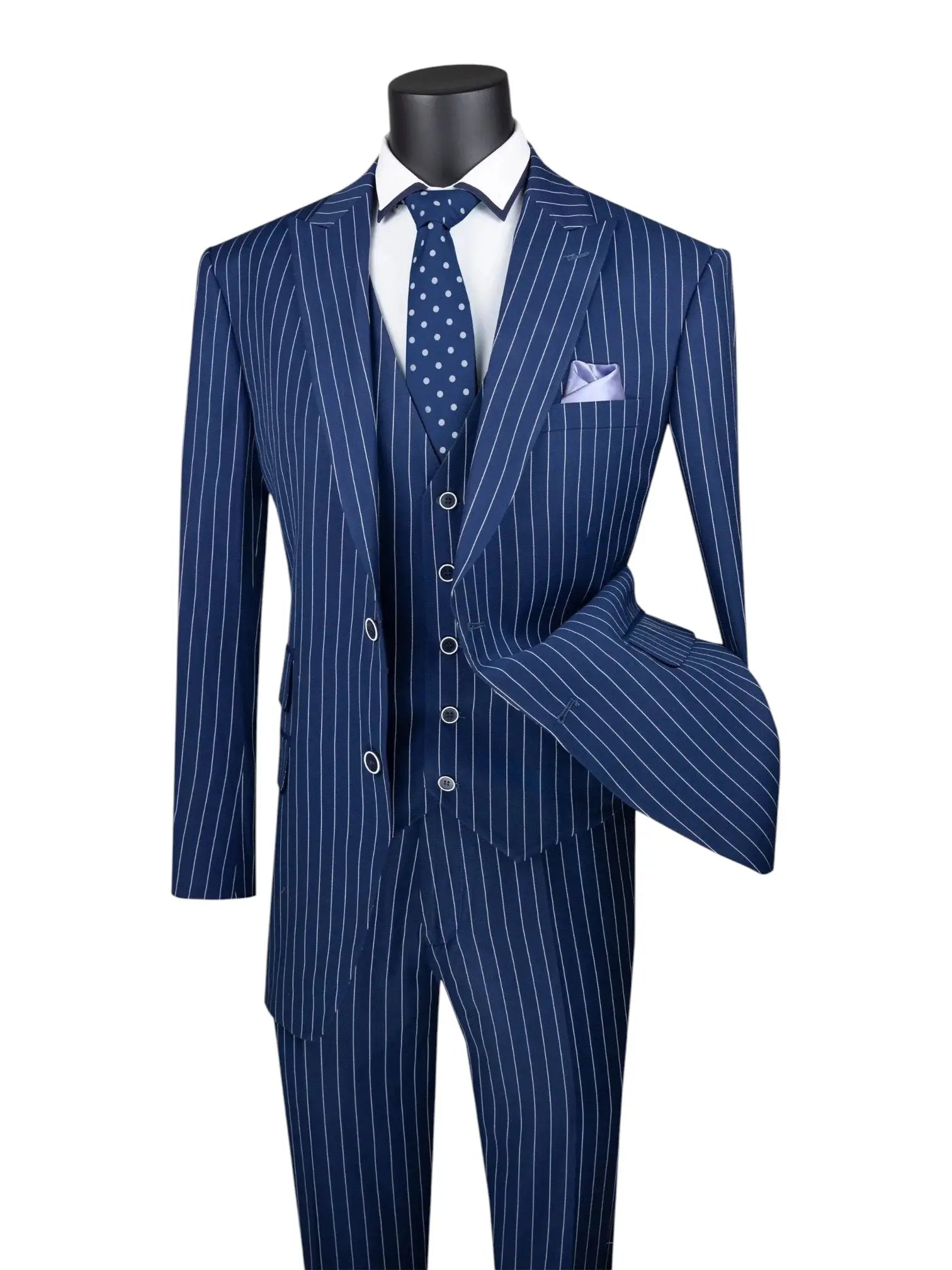 M & R Clothing blue 3-piece regular fit suit with bold white pinstripes, matching vest, and polka dot tie on mannequin