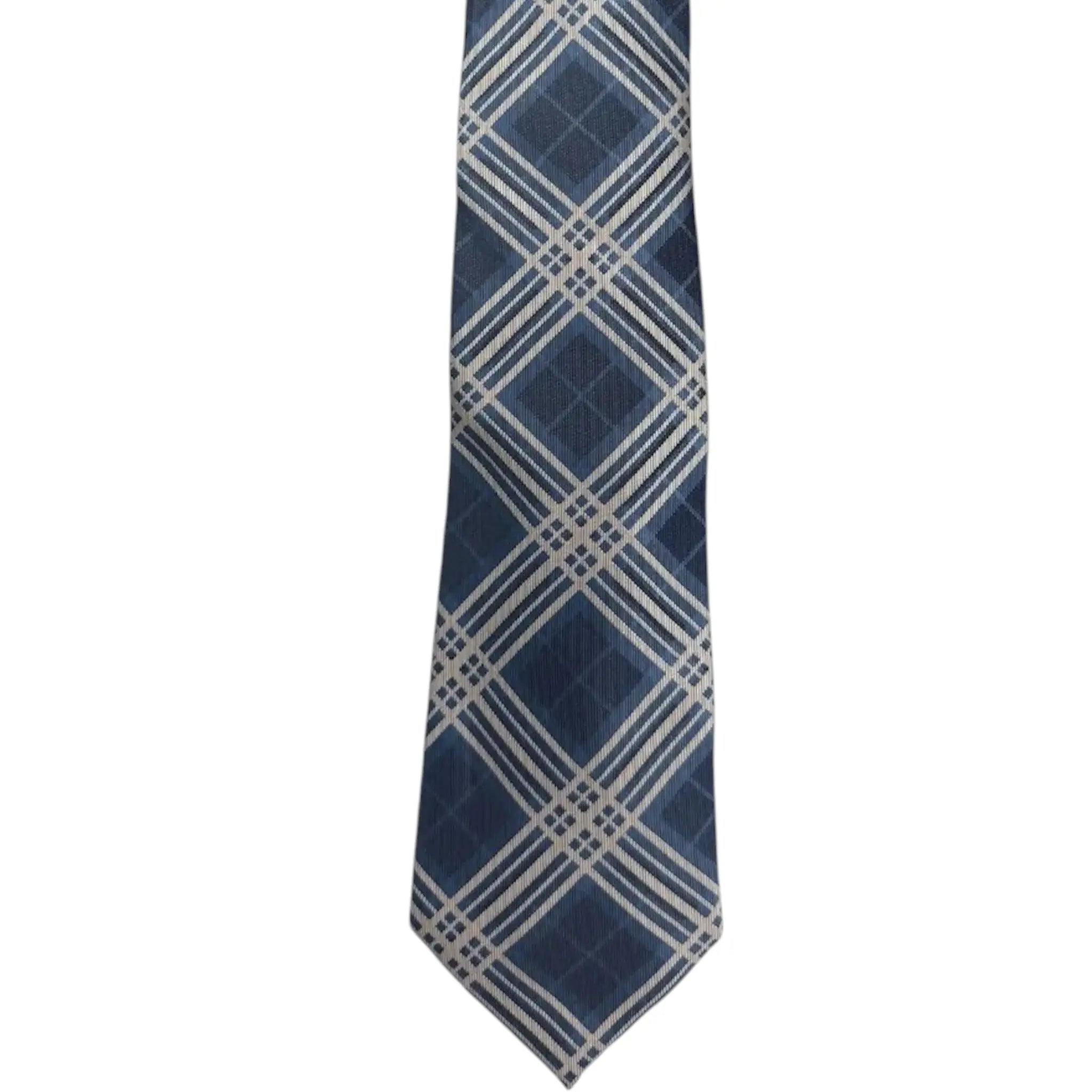 M & R Clothing Augustino blue and white plaid woven necktie for formal business or wedding attire