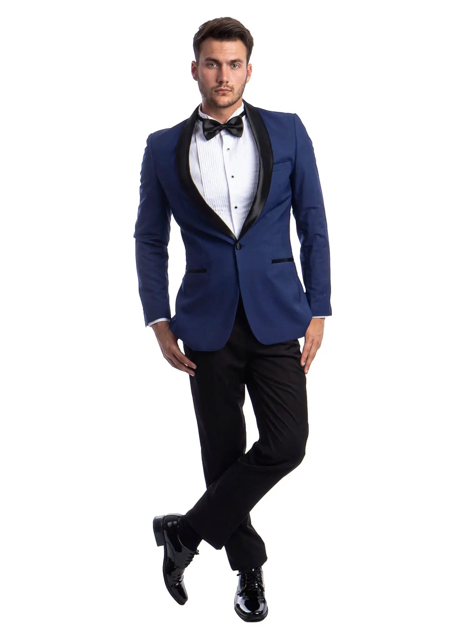 M & R Clothing men's blue tuxedo set with a black satin shawl collar, white dress shirt, and black trousers.