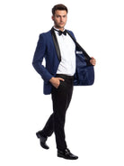 M & R Clothing men's 2-piece tuxedo with a blue jacket, black satin shawl collar, white shirt, and black trousers.
