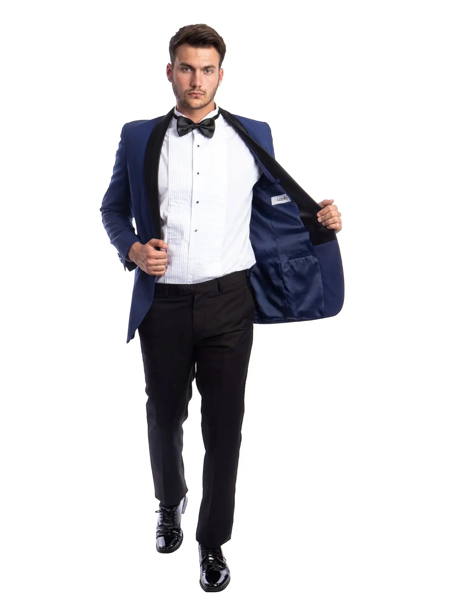 M & R Clothing men's 2-piece tuxedo with a blue jacket, black satin shawl collar, white shirt, and black trousers.
