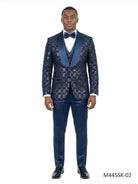 M & R Clothing 3-piece blue chained sequin tuxedo suit with satin shawl collar, vest, and matching bowtie