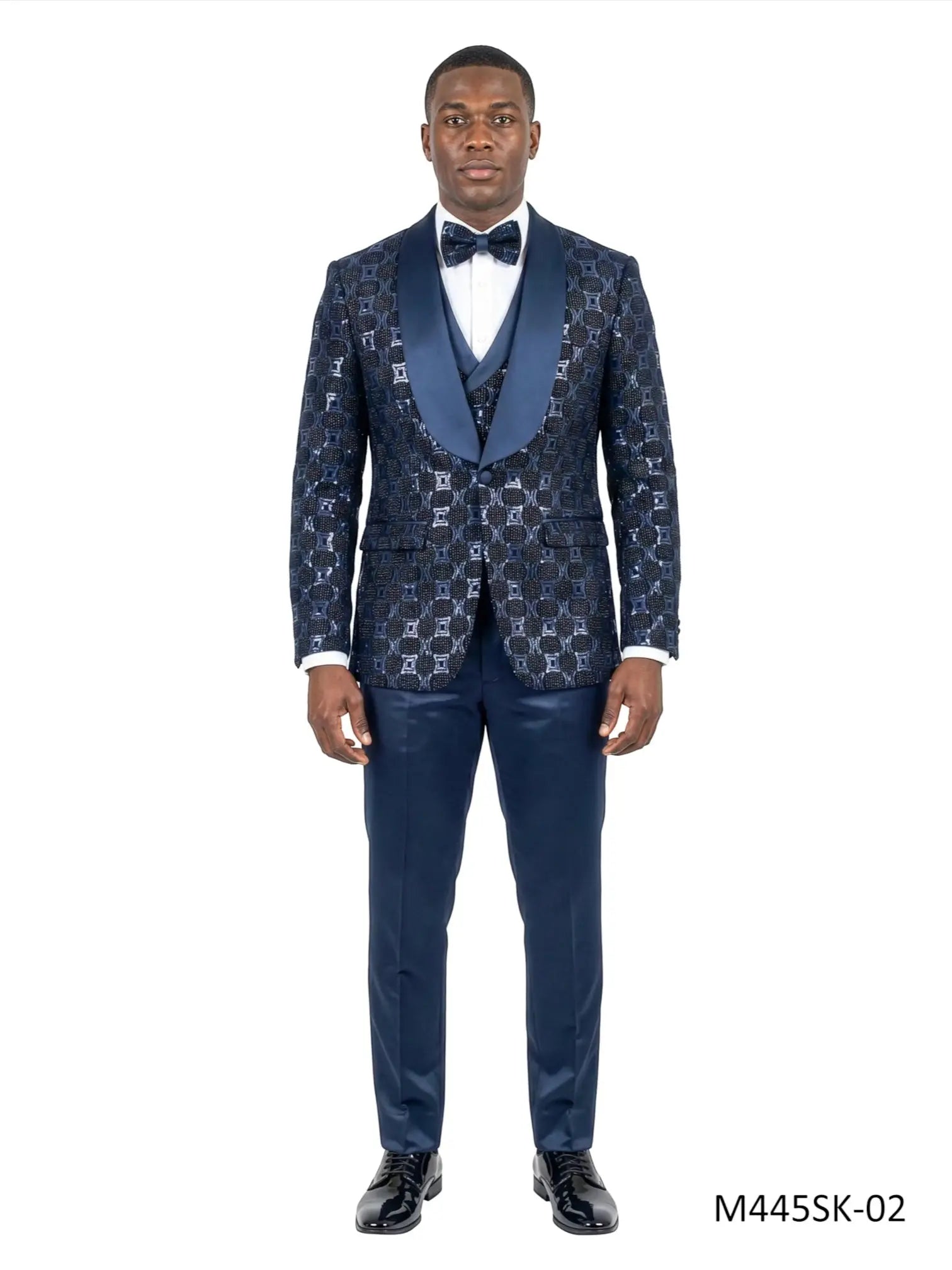 M & R Clothing 3-piece blue chained sequin tuxedo suit with satin shawl collar, vest, and matching bowtie