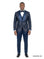 M & R Clothing 3-piece blue chained sequin tuxedo suit with satin shawl collar, vest, and matching bowtie