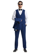 Model wearing a blue M & R Clothing Stacy Adams 3-piece tuxedo set with vest, dress shirt, bowtie, and sunglasses.