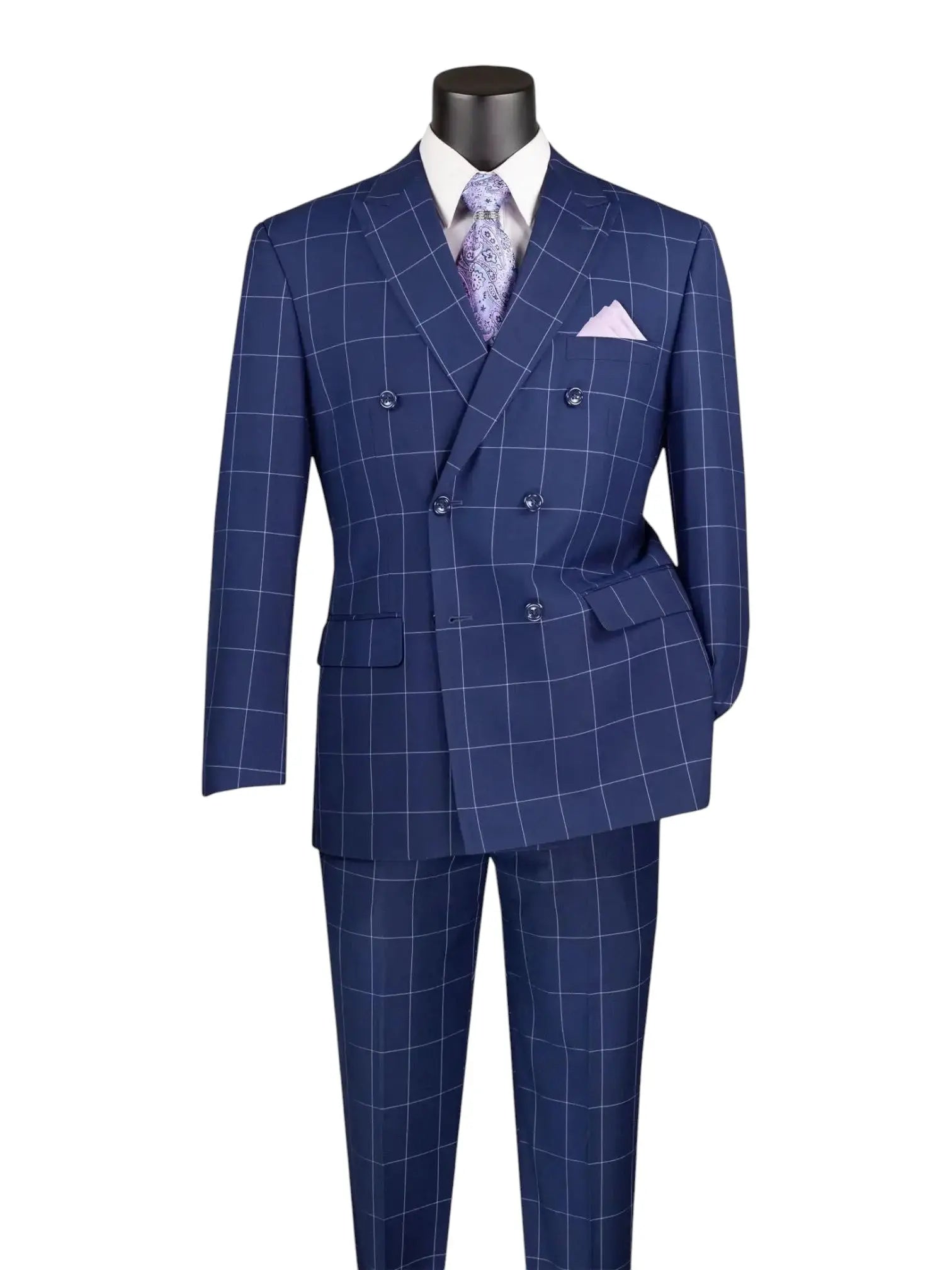M & R Clothing blue double-breasted suit with a white window pane pattern, peak lapels, and a light purple tie.