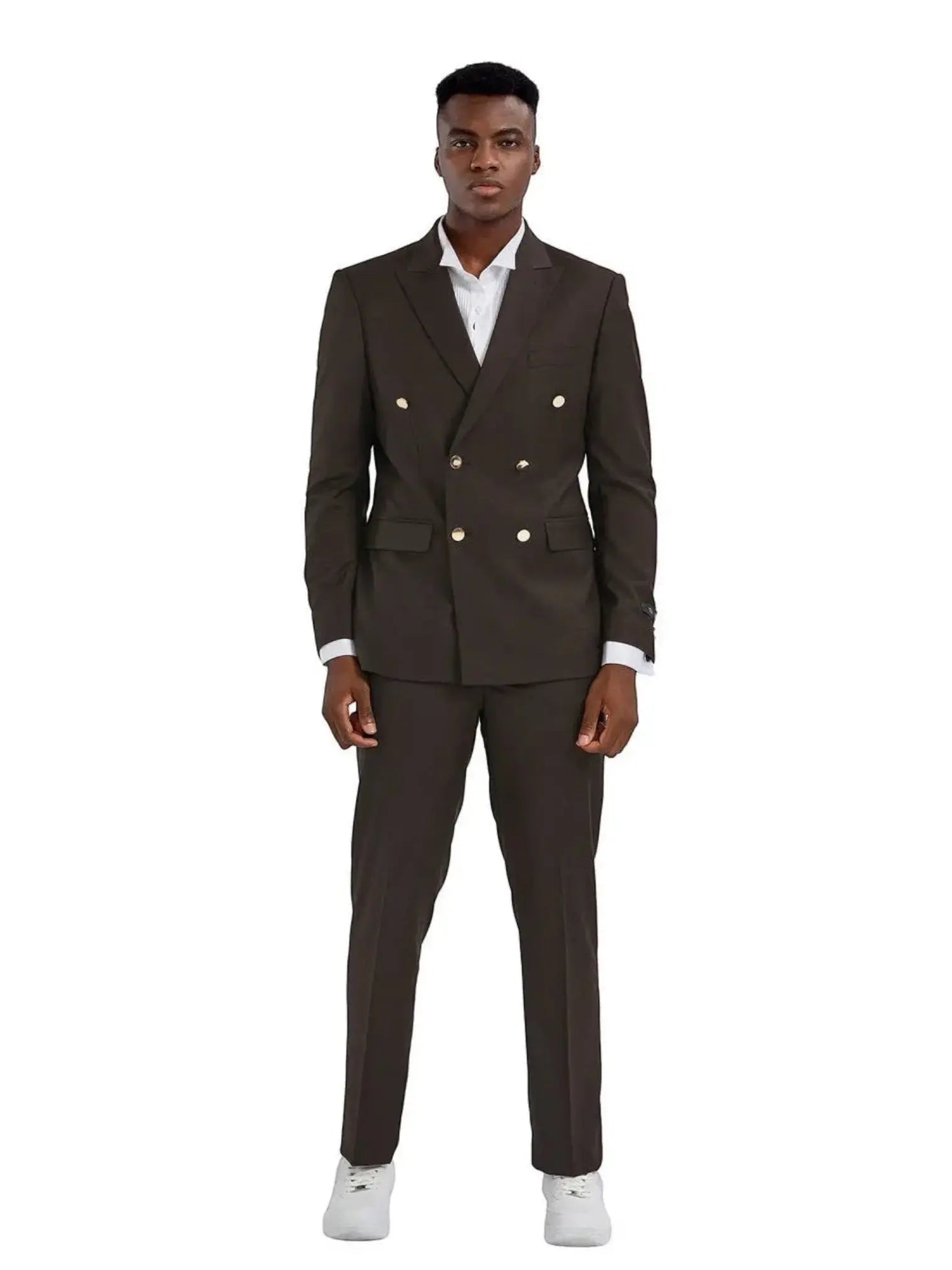 M & R Clothing dark brown double breasted suit with peak lapels and gold buttons worn by a man in a white shirt