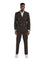 M & R Clothing dark brown double breasted suit with peak lapels and gold buttons worn by a man in a white shirt