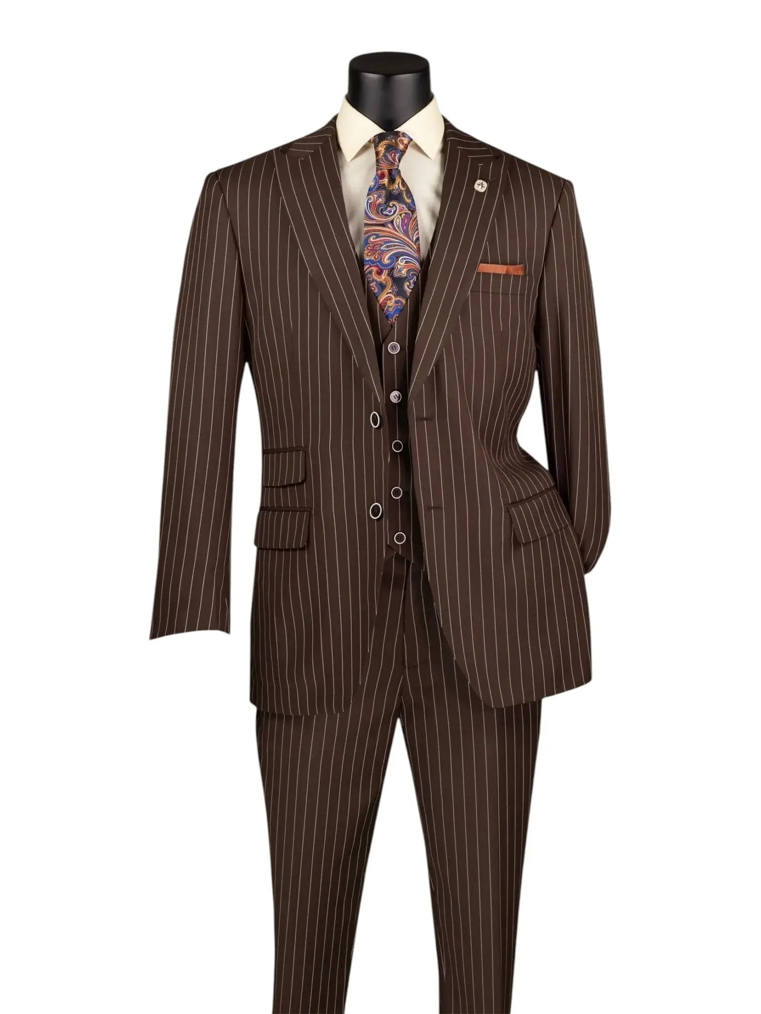M & R Clothing brown 3-piece regular fit suit with bold white pinstripes, vest, and paisley tie on a mannequin