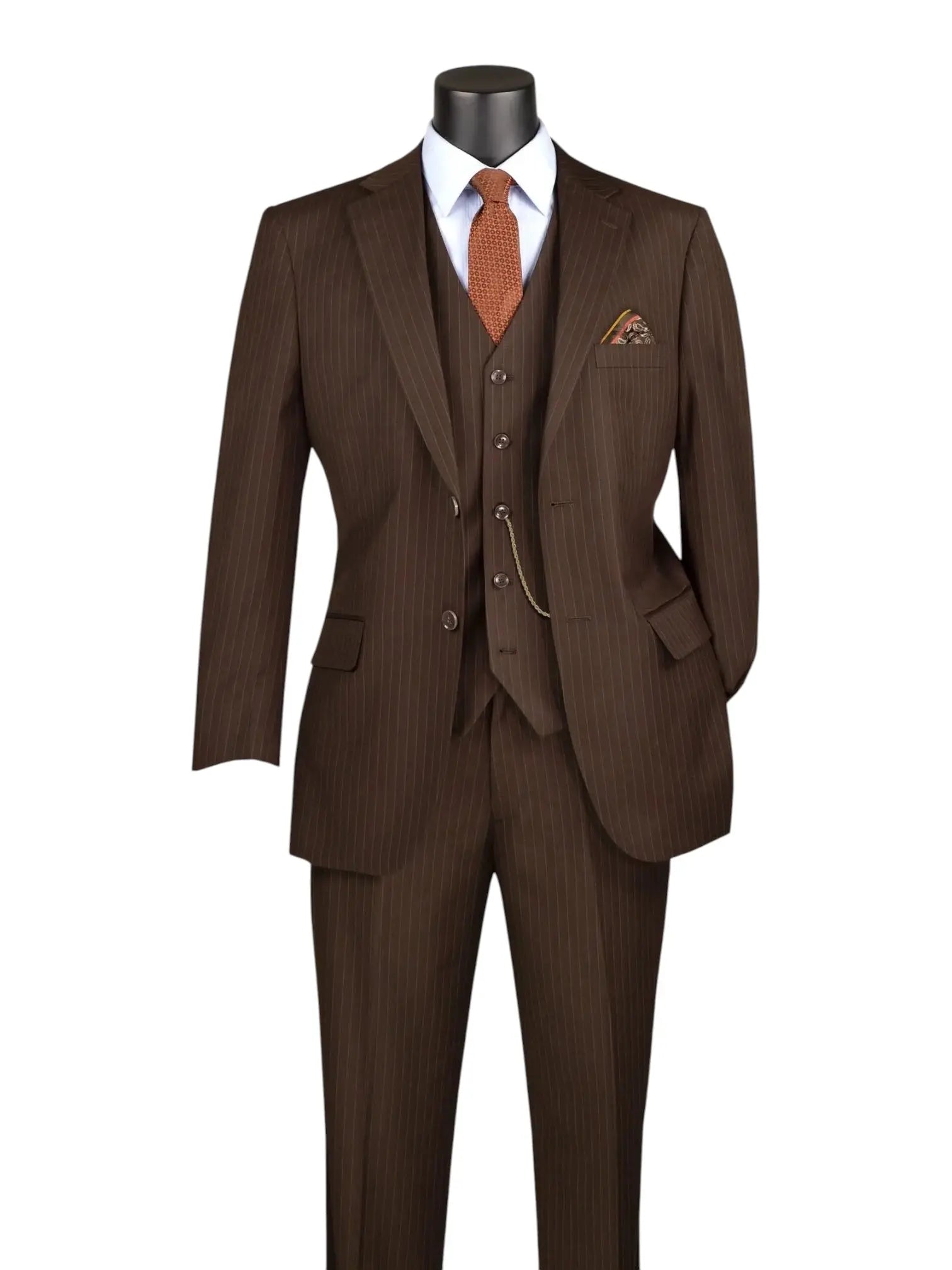 M & R Clothing brown pinstripe 3-piece regular fit business suit with vest, white shirt, and orange patterned tie.
