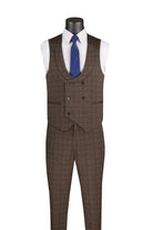 M & R Clothing brown plaid slim fit 3-piece suit featuring a double-breasted vest with lapel on a mannequin.