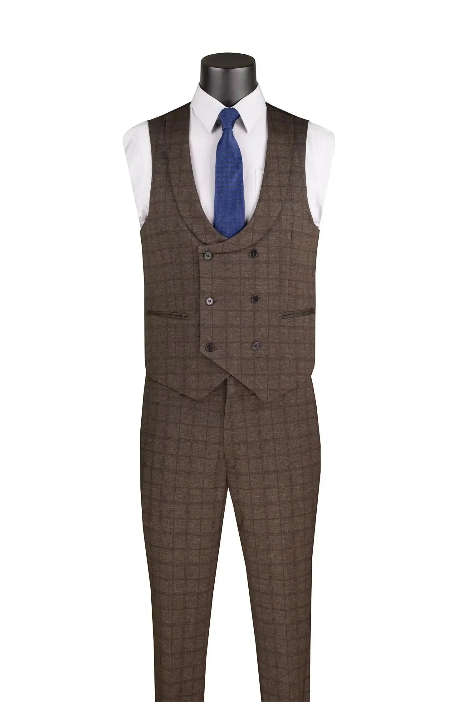 M & R Clothing brown plaid slim fit 3-piece suit featuring a double-breasted vest with lapel on a mannequin.