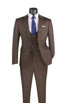 M & R Clothing brown plaid 3-piece slim fit suit with double-breasted vest, notch lapel jacket, and blue tie.