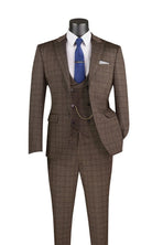 M & R Clothing brown plaid 3-piece slim fit suit with double-breasted vest, notch lapel jacket, and blue tie.