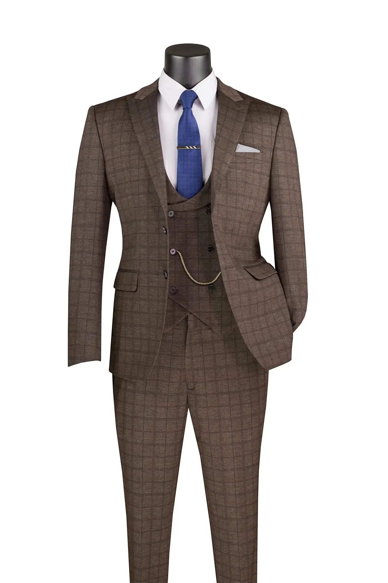 M & R Clothing brown plaid 3-piece slim fit suit with double-breasted vest, notch lapel jacket, and blue tie.