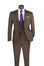 M & R Clothing brown plaid 3-piece slim fit suit with double-breasted vest, notch lapel jacket, and blue tie.