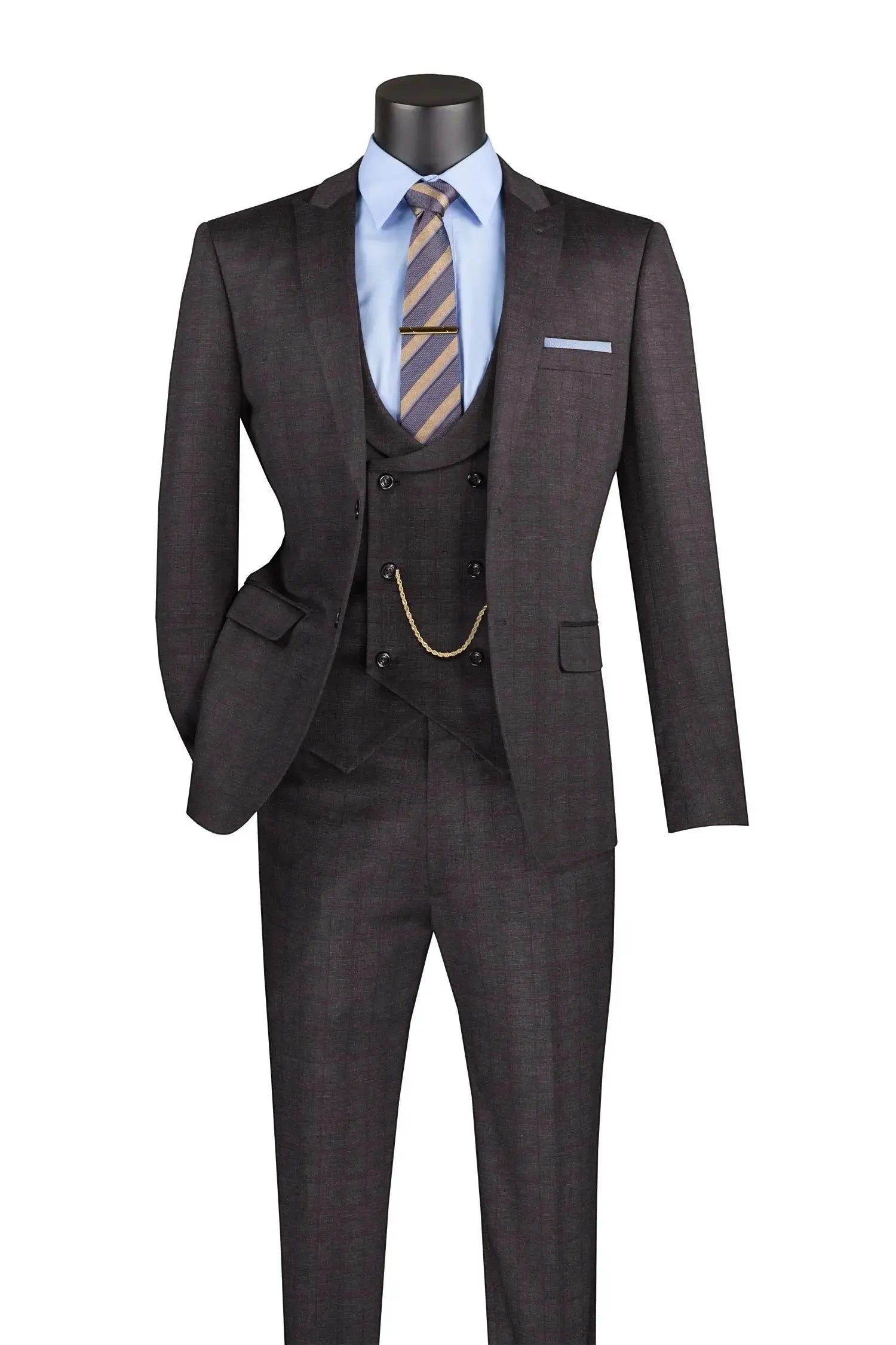 M & R Clothing men's 3-piece slim fit suit in dark brown plaid with a double-breasted vest and lapel pin.
