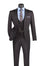 M & R Clothing men's 3-piece slim fit suit in dark brown plaid with a double-breasted vest and lapel pin.