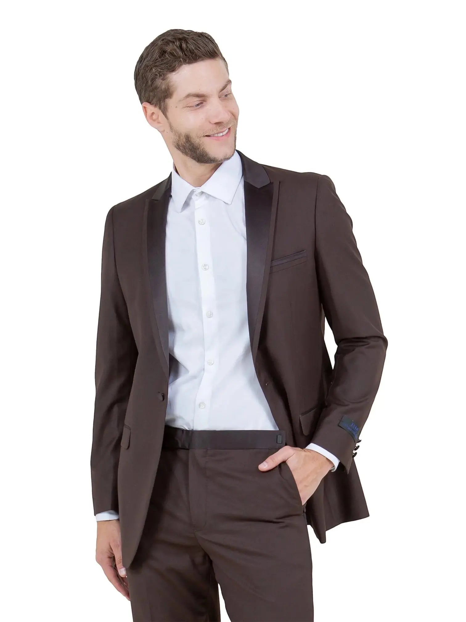 M & R Clothing Bryan Michaels brown tuxedo jacket with satin peak lapel worn by a smiling man in a white shirt