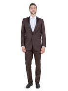 M & R Clothing Bryan Michaels brown one-button tuxedo with satin peak lapel worn by a model on a white background