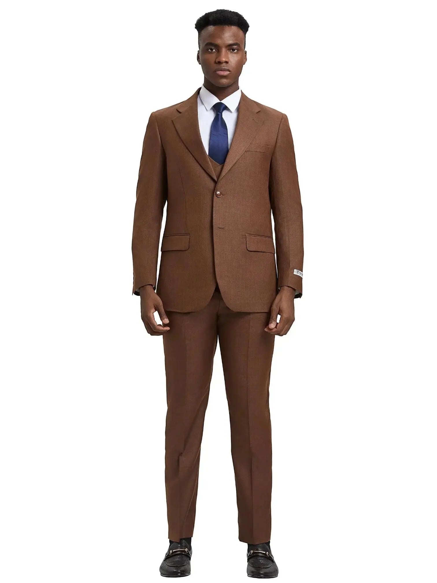 Model wearing a brown M & R Clothing Stacy Adams 3-piece sharkskin suit with a white shirt and blue tie