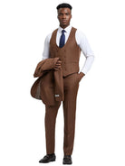 Model wearing a brown M & R Clothing Stacy Adams sharkskin 3-piece suit with a vest, dress shirt, and tie.