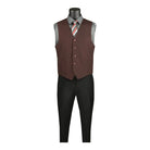 M & R Clothing brown single-breasted suit vest worn over a grey dress shirt with a striped tie and black trousers.