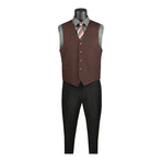 M & R Clothing brown single-breasted suit vest worn over a grey dress shirt with a striped tie and black trousers.