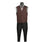 M & R Clothing brown single-breasted suit vest worn over a grey dress shirt with a striped tie and black trousers.