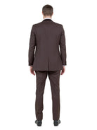 Back view of a man wearing a dark brown M & R Clothing tuxedo with a tailored fit and clean silhouette