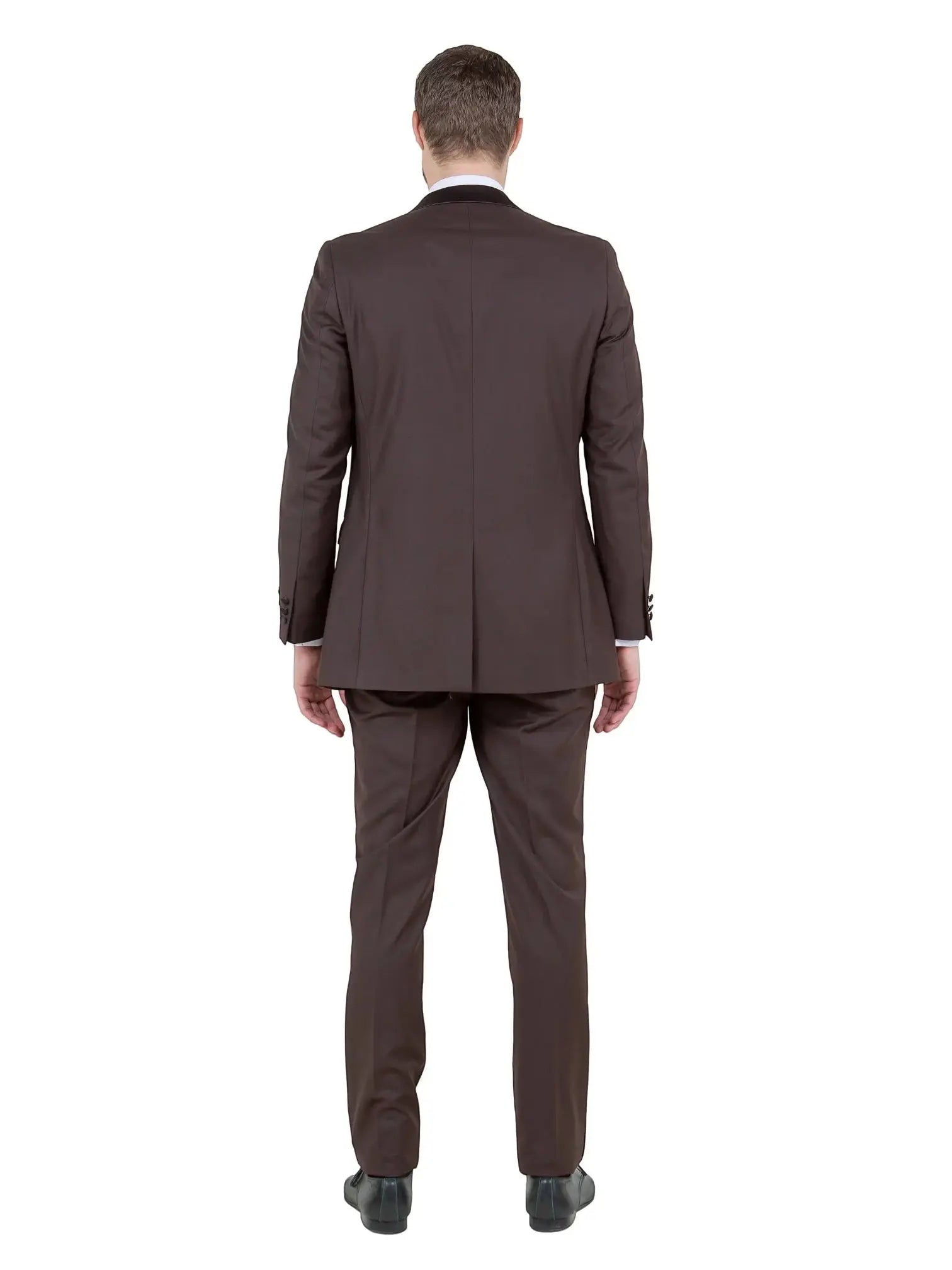Back view of a man wearing a dark brown M & R Clothing tuxedo with a tailored fit and clean silhouette