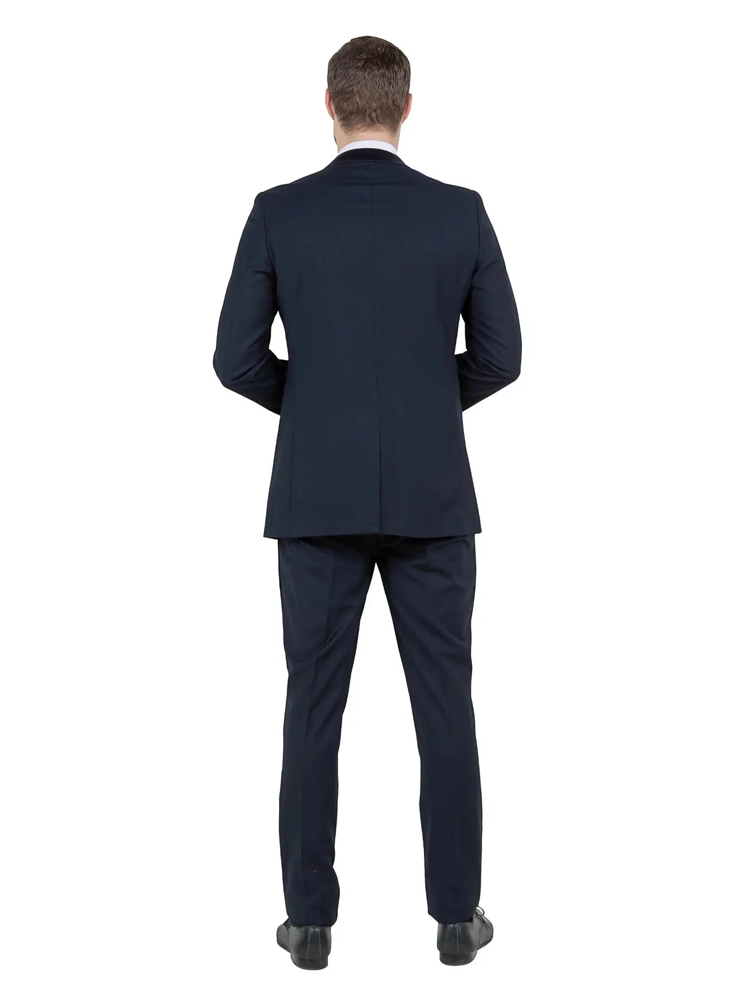 Back view of a man wearing a black M & R Clothing Bryan Michaels tuxedo jacket with a tailored fit.