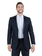 M & R Clothing Bryan Michaels black tuxedo jacket with satin peak lapel worn by a smiling man in a white dress shirt