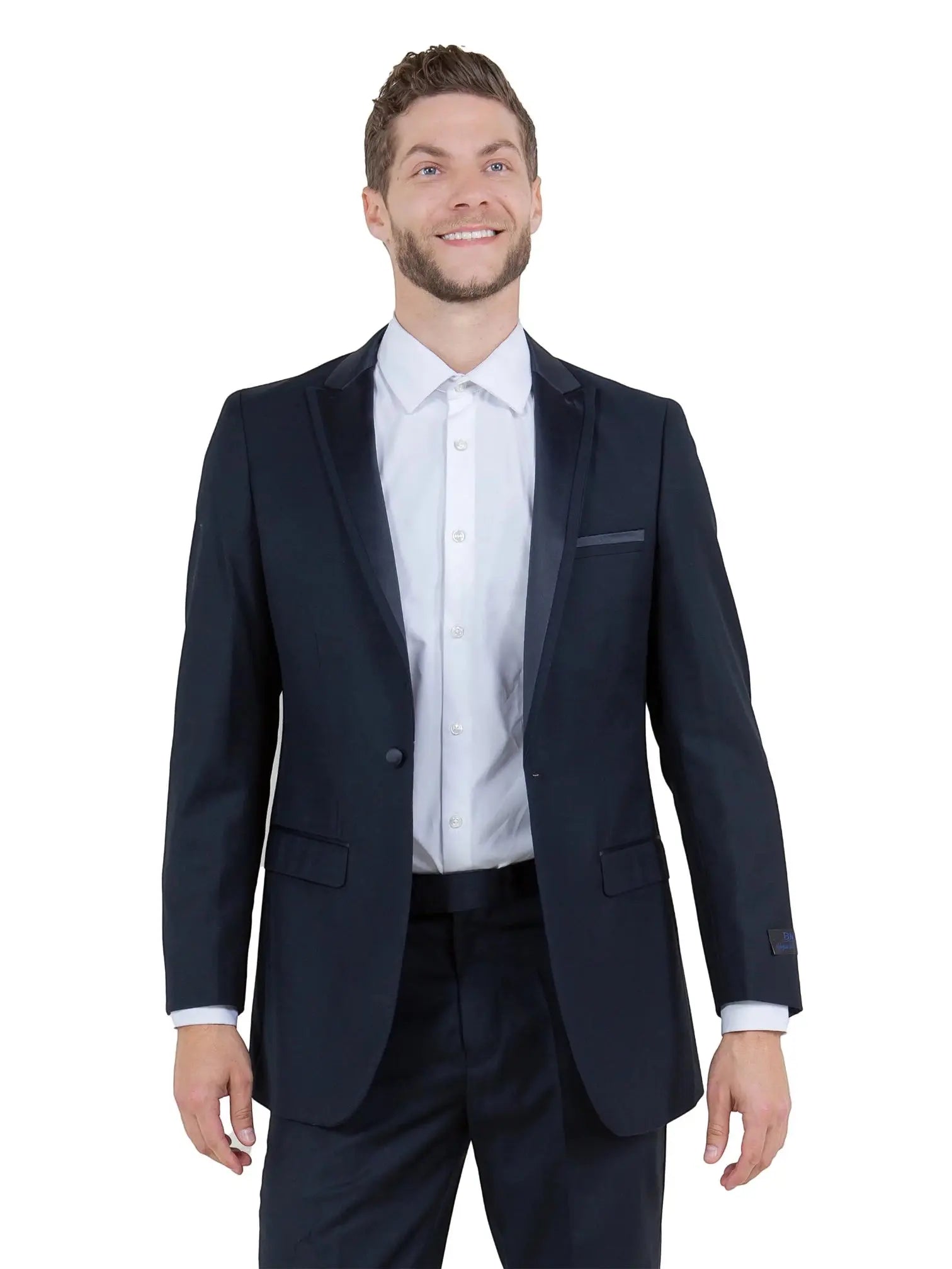 M & R Clothing Bryan Michaels black tuxedo jacket with satin peak lapel worn by a smiling man in a white dress shirt
