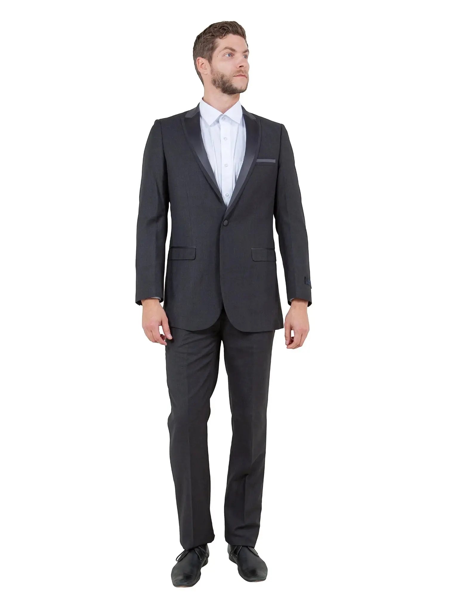 M & R Clothing Bryan Michaels black tuxedo with satin peak lapel worn by a man in a white dress shirt