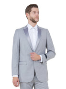 M & R Clothing Bryan Michaels light grey tuxedo jacket with satin peak lapel worn by a man in a white dress shirt.