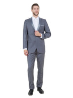 M & R Clothing Bryan Michaels grey tuxedo with a single-button closure and contrasting satin peak lapel on a model