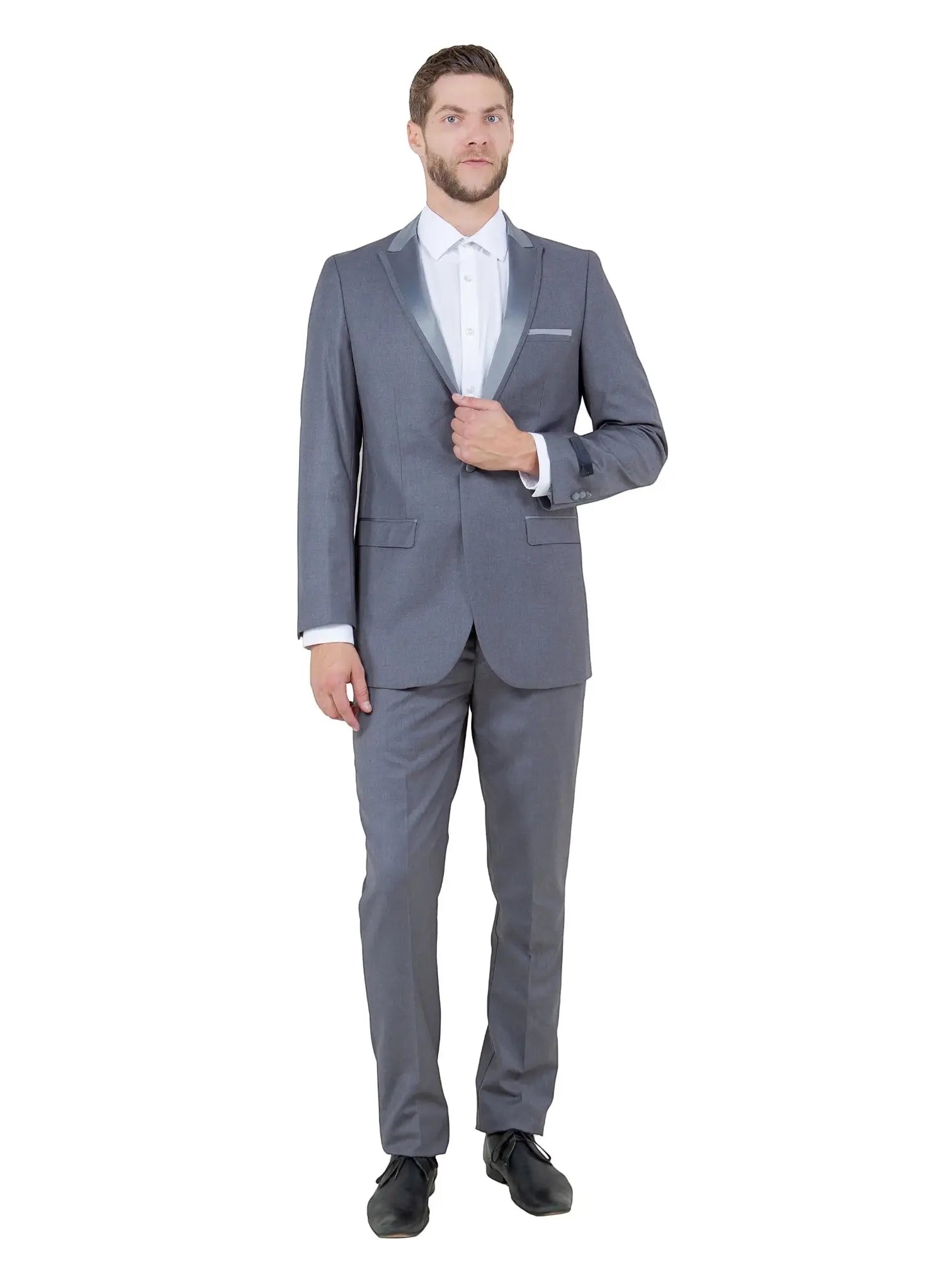M & R Clothing Bryan Michaels grey tuxedo with a single-button closure and contrasting satin peak lapel on a model