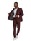 M & R Clothing burgundy double breasted suit with peak lapels and gold buttons worn by a man with white sneakers