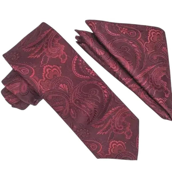 M & R Clothing Stacy Adams burgundy paisley necktie and matching pocket square set for formal men's attire