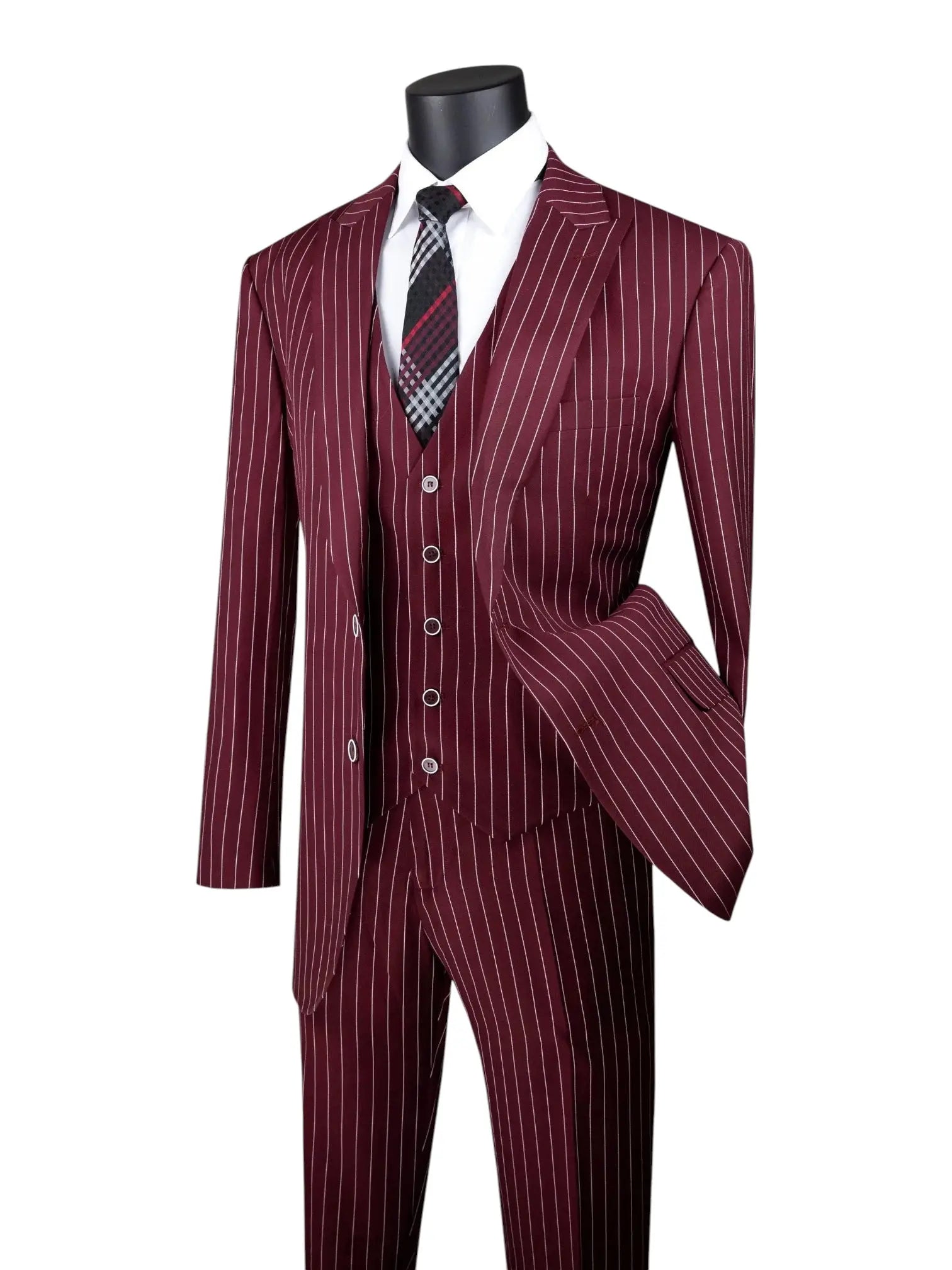 M & R Clothing burgundy 3-piece regular fit suit with bold white pinstripes, featuring a vest and structured jacket.
