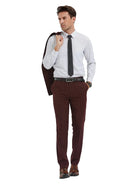 M & R Clothing slim fit pinstripe suit trousers in burgundy worn with a white dress shirt and tie