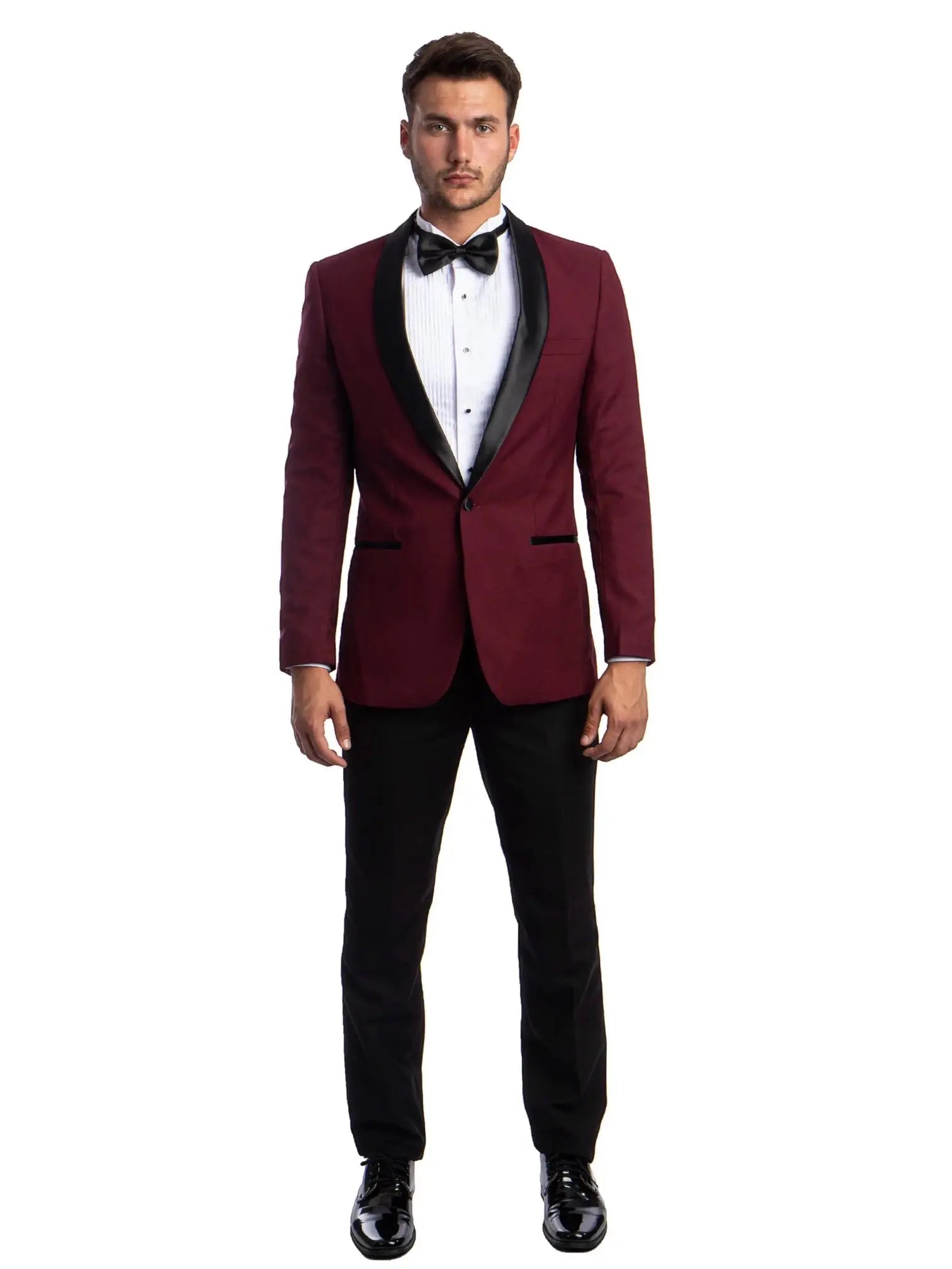 M & R Clothing burgundy tuxedo with black satin shawl collar, white shirt, bow tie, and slim-fit black trousers.