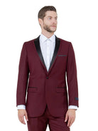 M & R Clothing Bryan Michaels burgundy tuxedo jacket with black satin peak lapels worn by a model in a white shirt