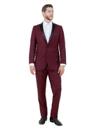 Model wearing a M & R Clothing Bryan Michaels burgundy one-button tuxedo with black satin peak lapels