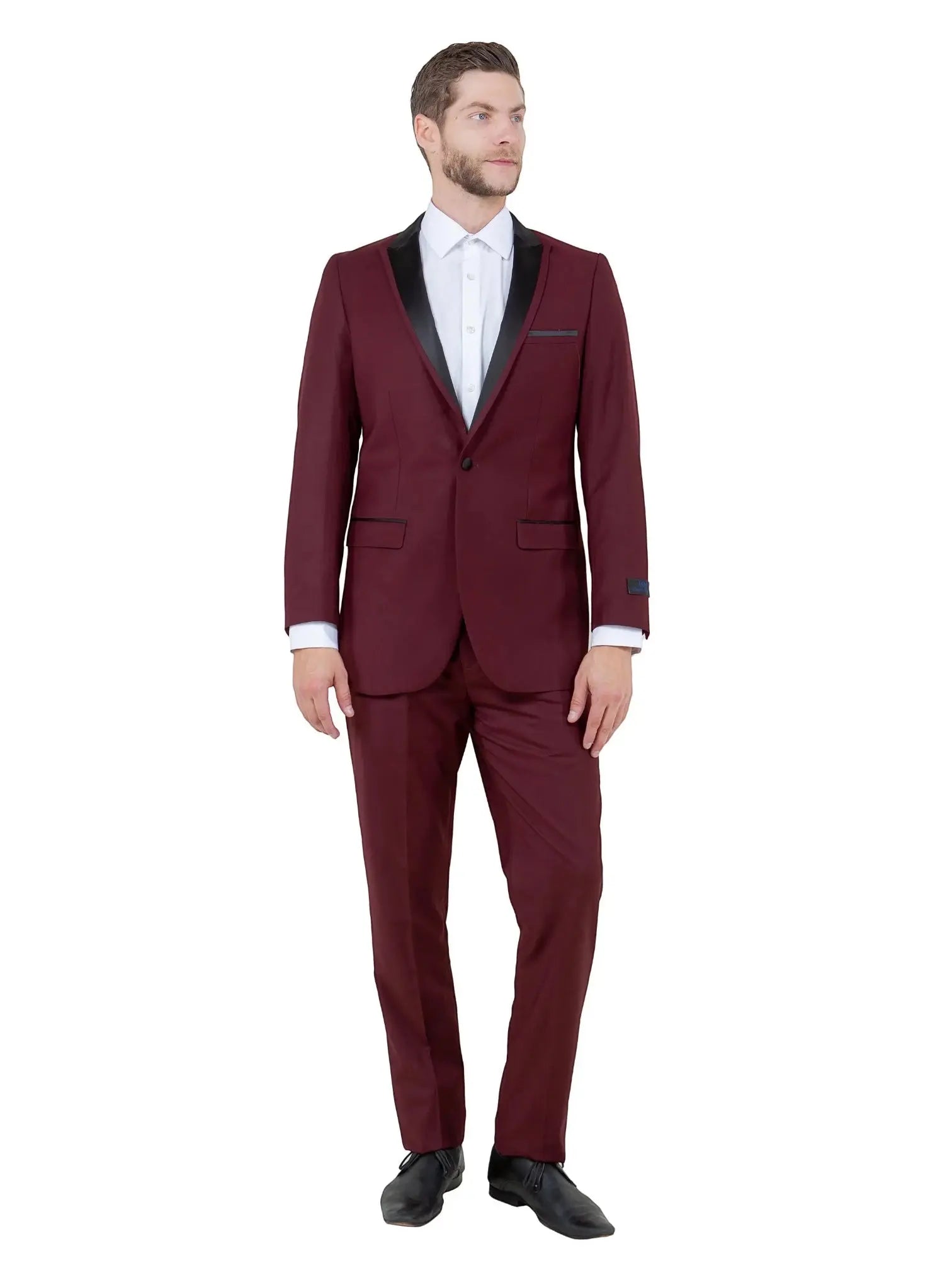 Model wearing a M & R Clothing Bryan Michaels burgundy one-button tuxedo with black satin peak lapels