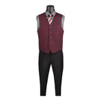 M & R Clothing burgundy single-breasted suit vest worn over a grey dress shirt and tie on a mannequin