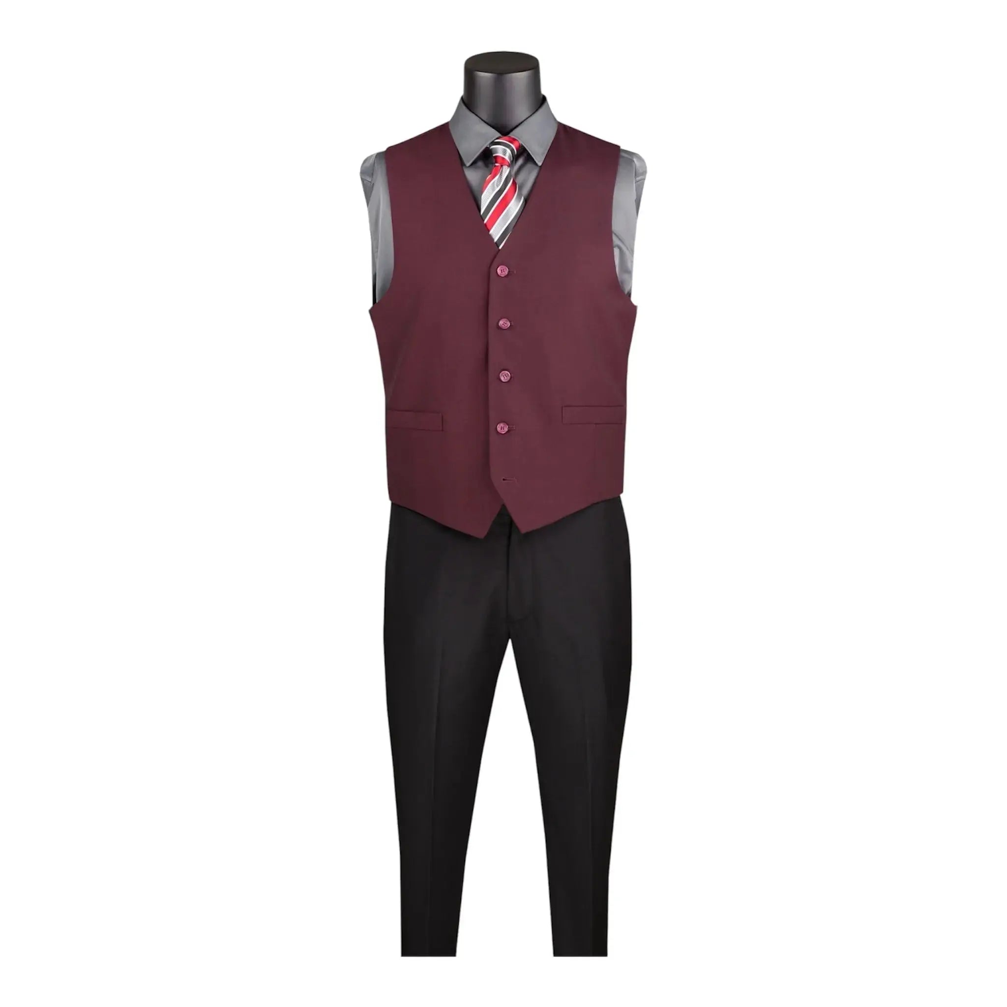 M & R Clothing burgundy single-breasted suit vest worn over a grey dress shirt and tie on a mannequin