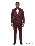 M & R Clothing burgundy velvet and sequin 3-piece tuxedo suit with satin shawl collar, vest, and matching bowtie.